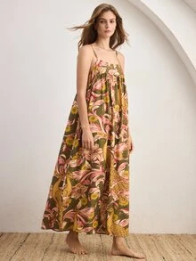 Ocili 休閒中式風格舒適柔軟印花多色優雅休閒孔雀紋克ريب面料女款睡袍長裙居家服 - 彩色 - 查看 2