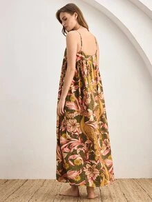 Ocili 休閒中式風格舒適柔軟印花多色優雅休閒孔雀紋克ريب面料女款睡袍長裙居家服 - 彩色 - 查看 3