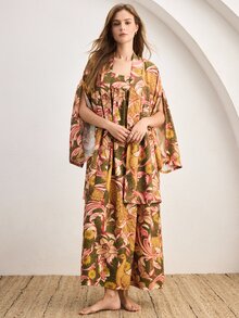 Ocili 休閒中式風格舒適柔軟印花多色優雅休閒孔雀紋克ريب面料女款睡袍長裙居家服 - 彩色 - 查看 7