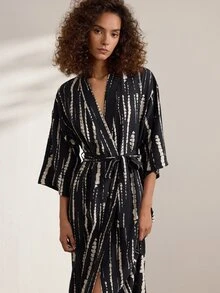 Ocili 休閒中式風格舒適柔軟印花多色優雅休閒條紋克ريب面料女款睡袍睡衣 - 彩色 - 查看 6