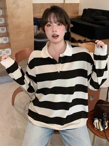 Dazy Plus Kaos Polo Lengan Lentera Berkerah Garis-Garis Blok Warna Longgar untuk Musim Semi dan Gugur - Hitam dan Putih - View 6