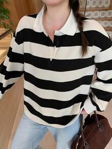 Dazy Plus Kaos Polo Lengan Lentera Berkerah Garis-Garis Blok Warna Longgar untuk Musim Semi dan Gugur - Hitam dan Putih - View 5