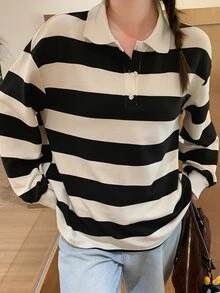 Dazy Plus Kaos Polo Lengan Lentera Berkerah Garis-Garis Blok Warna Longgar untuk Musim Semi dan Gugur - Hitam dan Putih - View 3