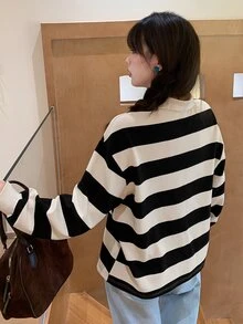 Dazy Plus Kaos Polo Lengan Lentera Berkerah Garis-Garis Blok Warna Longgar untuk Musim Semi dan Gugur - Hitam dan Putih - View 4