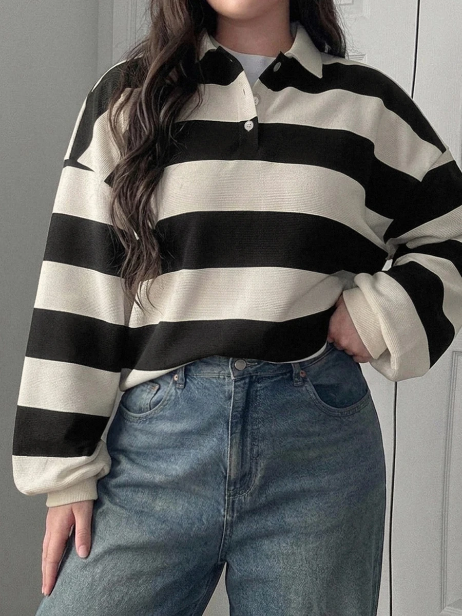 Dazy Plus Kaos Polo Lengan Lentera Berkerah Garis-Garis Blok Warna Longgar untuk Musim Semi dan Gugur - Hitam dan Putih - View 1