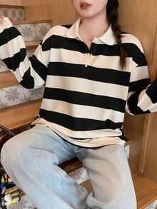 Dazy Plus Kaos Polo Lengan Lentera Berkerah Garis-Garis Blok Warna Longgar untuk Musim Semi dan Gugur - Hitam dan Putih - View 7