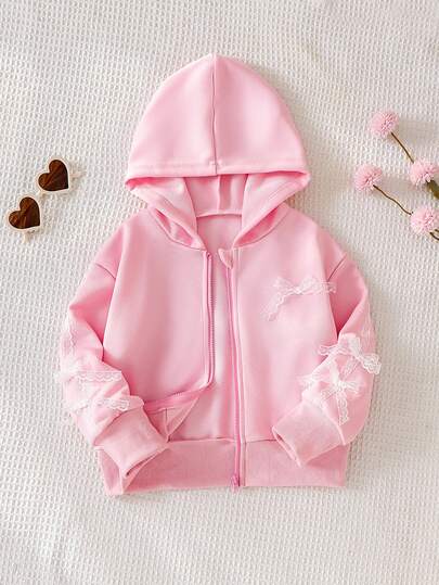 Elladie kids Jaket Hoodie Resleting dengan Aplikasi Pita Renda Lucu untuk Anak Perempuan, Pakaian Luar Berkerudung Lengan Panjang Kasual Lembut, Mantel Harian Manis Warna Pink untuk Anak Perempuan