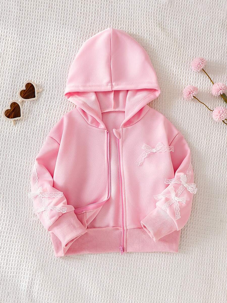 Elladie kids 少女可愛蕾絲蝴蝶結貼花拉鍊連帽外套,柔軟休閒長袖連帽外套,甜美粉色日常少女外套 - 粉色 - 查看 1