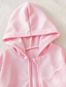 Elladie kids 少女可愛蕾絲蝴蝶結貼花拉鍊連帽外套，柔軟休閒長袖連帽外套，甜美粉色日常少女外套 - 粉色 - 查看 4