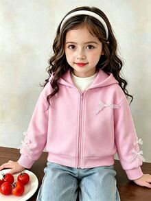 Elladie kids 少女可愛蕾絲蝴蝶結貼花拉鍊連帽外套，柔軟休閒長袖連帽外套，甜美粉色日常少女外套 - 粉色 - 查看 3