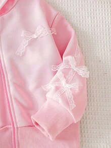 Elladie kids 少女可愛蕾絲蝴蝶結貼花拉鍊連帽外套，柔軟休閒長袖連帽外套，甜美粉色日常少女外套 - 粉色 - 查看 7