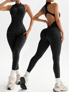 SHEIN Sports 1件女款無縫豹紋瑜伽連身衣，深綠色夏季性感健身運動服，前拉鍊立領露背工字背連身衣 - 彩色 - 查看 2