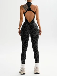 SHEIN Sports 1件女款無縫豹紋瑜伽連身衣，深綠色夏季性感健身運動服，前拉鍊立領露背工字背連身衣 - 彩色 - 查看 3