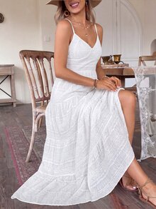 SHEIN Holidaya 夏季純棉復古鄉村風生日婚禮賓客可愛蝴蝶結分層拼接洋裝女款 - 白色 - 查看 7