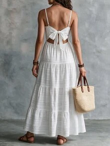 SHEIN Holidaya 夏季純棉復古鄉村風生日婚禮賓客可愛蝴蝶結分層拼接洋裝女款 - 白色 - 查看 2