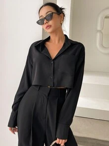 DAZY Solid Drop Shoulder Shirt,Long Sleeve Tops Y2k Fall - Black - View 7