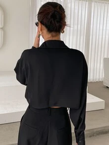 DAZY Solid Drop Shoulder Shirt,Long Sleeve Tops Y2k Fall - Black - View 2