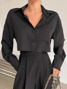 DAZY Solid Drop Shoulder Shirt,Long Sleeve Tops Y2k Fall - Black - View 5