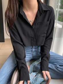 DAZY Solid Drop Shoulder Shirt,Long Sleeve Tops Y2k Fall - Black - View 9