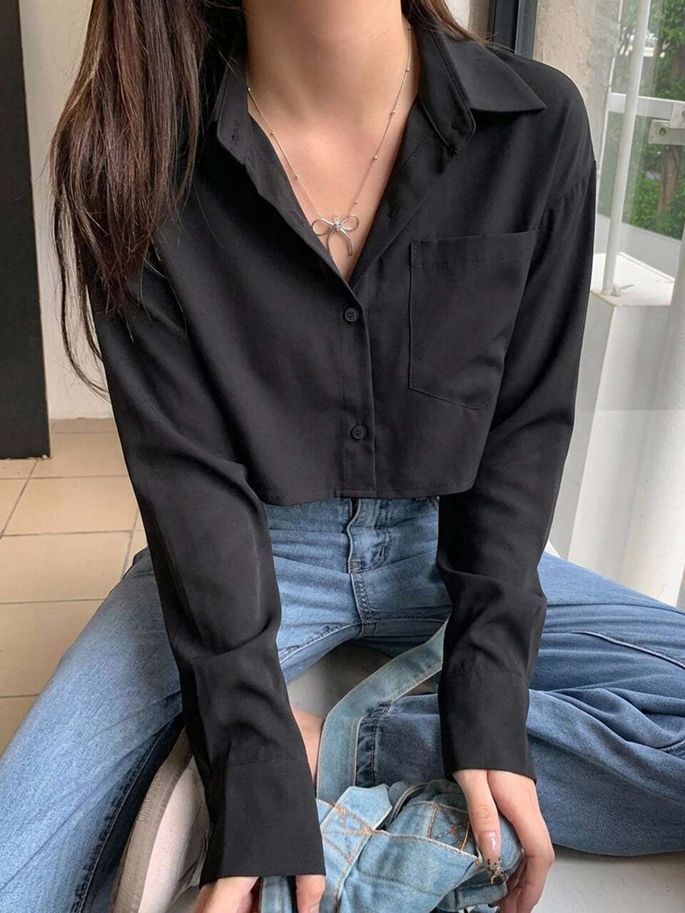 Solid Drop Shoulder Shirt,Long Sleeve Tops Y2k Fall