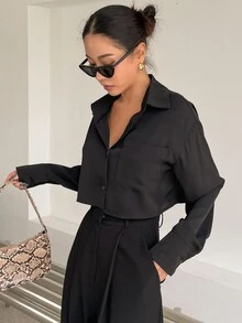 DAZY Solid Drop Shoulder Shirt,Long Sleeve Tops Y2k Fall - Black - View 4