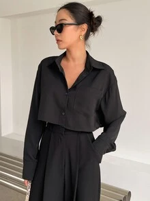 DAZY Solid Drop Shoulder Shirt,Long Sleeve Tops Y2k Fall - Black - View 3