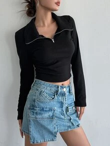 DAZY Camiseta corta de mujer de manga larga con cremallera media - Negro - Ver 5