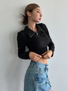 DAZY Camiseta corta de mujer de manga larga con cremallera media - Negro - Ver 7