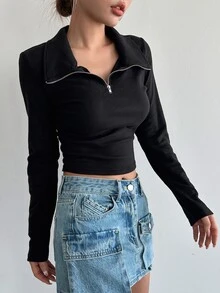 DAZY Camiseta corta de mujer de manga larga con cremallera media - Negro - Ver 8
