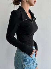 DAZY Camiseta corta de mujer de manga larga con cremallera media - Negro - Ver 4