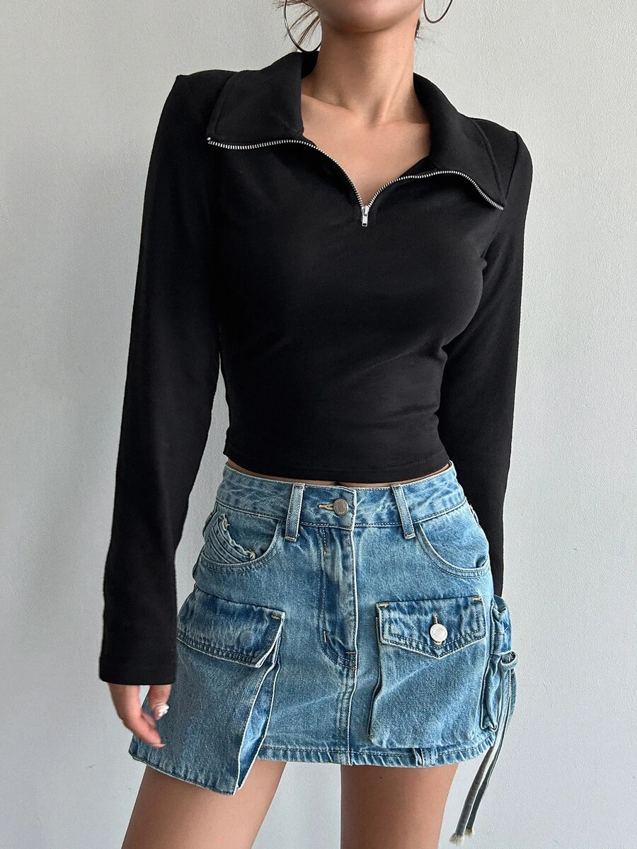 DAZY Camiseta corta de mujer de manga larga con cremallera media - Negro - Ver 1