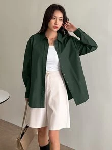 DAZY Camisa de botones con hombros caídos de color sólido, blusas de manga larga, ropa de otoño - Verde Oscuro - Ver 4