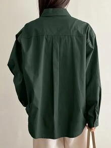 DAZY Camisa de botones con hombros caídos de color sólido, blusas de manga larga, ropa de otoño - Verde Oscuro - Ver 2