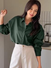 DAZY Camisa de botones con hombros caídos de color sólido, blusas de manga larga, ropa de otoño - Verde Oscuro - Ver 5