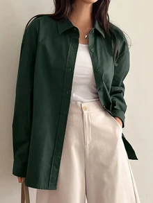 DAZY Camisa de botones con hombros caídos de color sólido, blusas de manga larga, ropa de otoño - Verde Oscuro - Ver 3