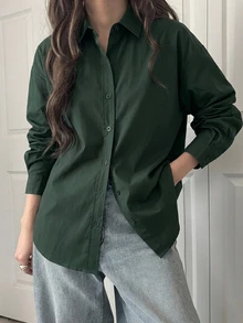 DAZY Camisa de botones con hombros caídos de color sólido, blusas de manga larga, ropa de otoño - Verde Oscuro - Ver 7