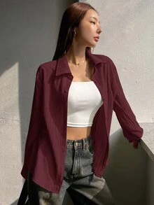 DAZY Oversized Red Street-Style Long Sleeve Women Shirt,Fall Clothes - Red - View 4