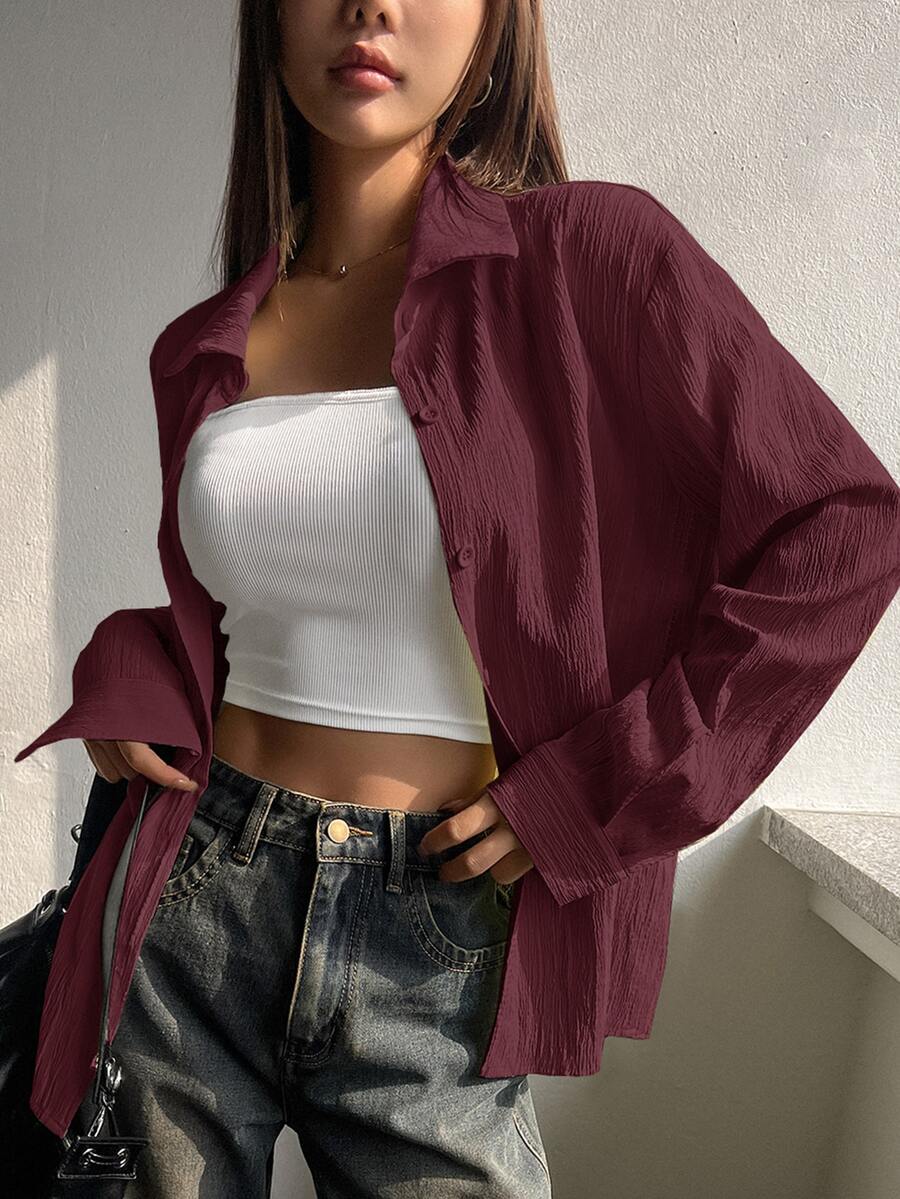 DAZY Oversized Red Street-Style Long Sleeve Women Shirt,Fall Clothes - Red - View 1