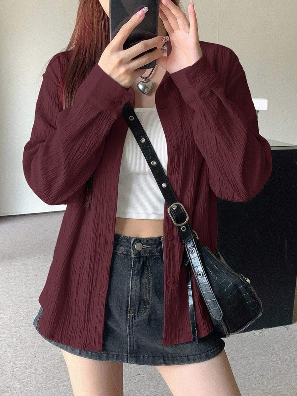 Oversized Red Street-Style Long Sleeve Women Shirt,Fall Clothes
