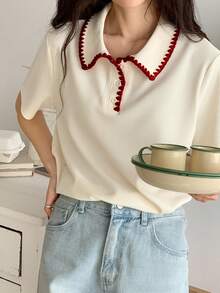 DAZY New Casual Line Decor T-Shirt For Women, Suitable For Dating, Summer Cute Tops - Apricot - View 2