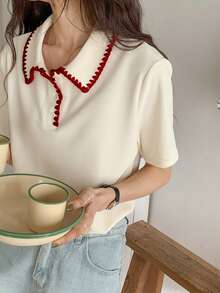 DAZY New Casual Line Decor T-Shirt For Women, Suitable For Dating, Summer Cute Tops - Apricot - View 4