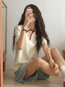 DAZY New Casual Line Decor T-Shirt For Women, Suitable For Dating, Summer Cute Tops - Apricot - View 8