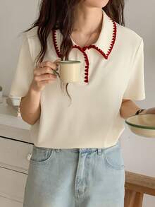 DAZY New Casual Line Decor T-Shirt For Women, Suitable For Dating, Summer Cute Tops - Apricot - View 6