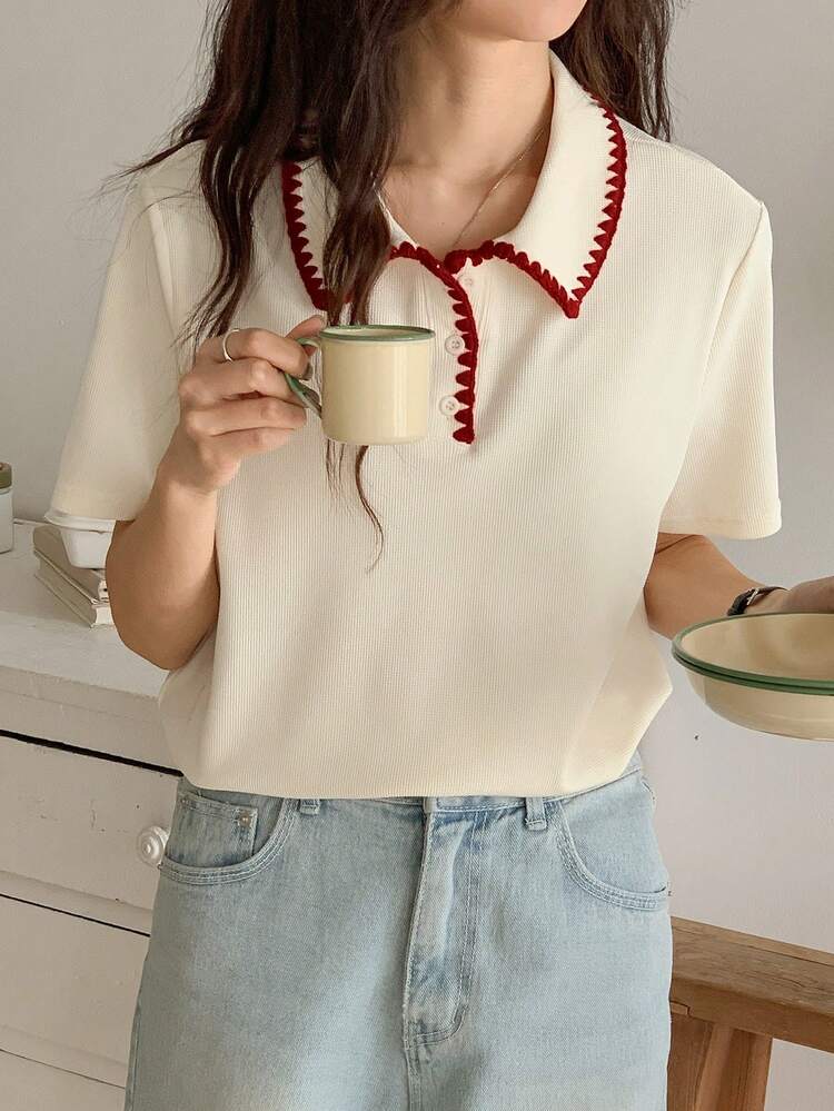 DAZY New Casual Line Decor T-Shirt For Women, Suitable For Dating, Summer Cute Tops - Apricot - View 6