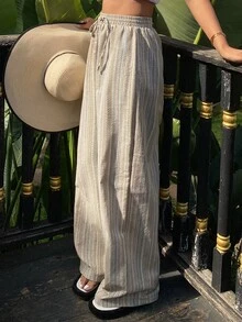 Livesso 波西米亚风度假纹理条纹直筒休闲裤夏季女士长裤教师裤 - 米色 - 查看 3