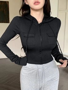 DAZY 条纹连帽衫，大口袋长袖女式T恤，秋季服装 - 黑色 - 查看 6