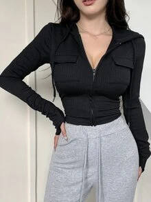 DAZY 条纹连帽衫，大口袋长袖女式T恤，秋季服装 - 黑色 - 查看 5