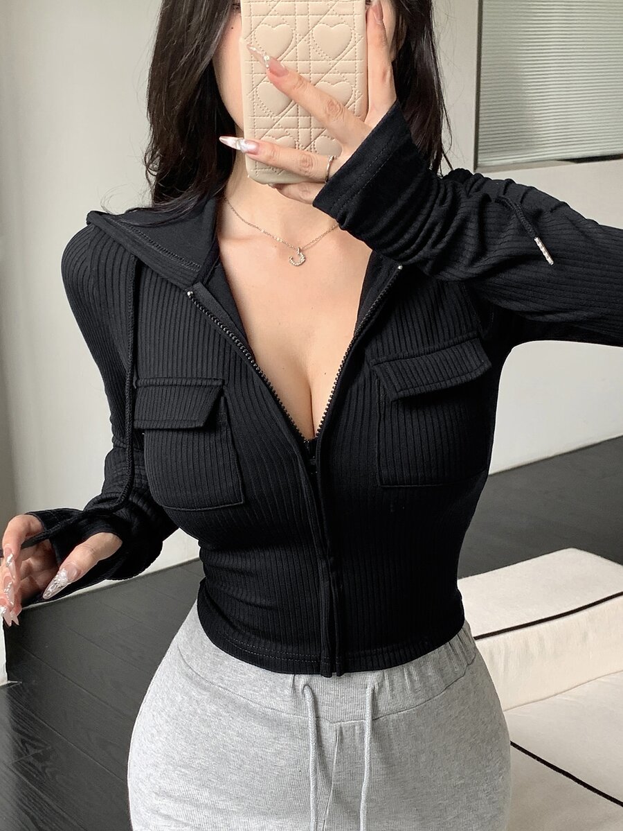 DAZY 条纹连帽衫,大口袋长袖女式T恤,秋季服装 - 黑色 - 查看 1