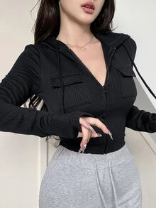 DAZY 条纹连帽衫，大口袋长袖女式T恤，秋季服装 - 黑色 - 查看 4