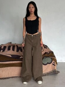 DAZY 女款水洗做舊直筒牛仔褲，開學季休閒街頭穿搭服飾，適合教師，咖啡棕色，夏季 - 棕色 - 查看 6